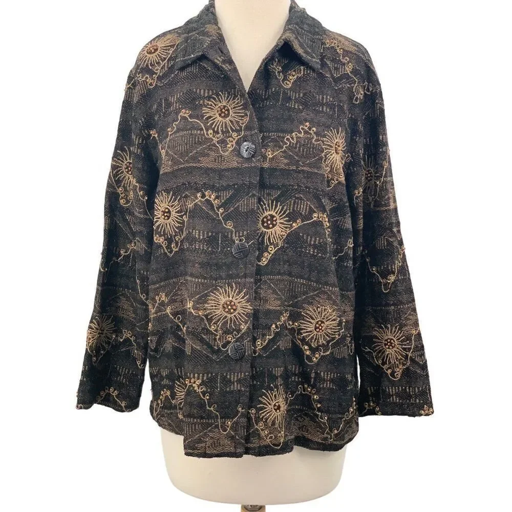 Chico's Design LS Button Front‎ Silk Blend Jacket Black/Tan Beaded Embroidered M